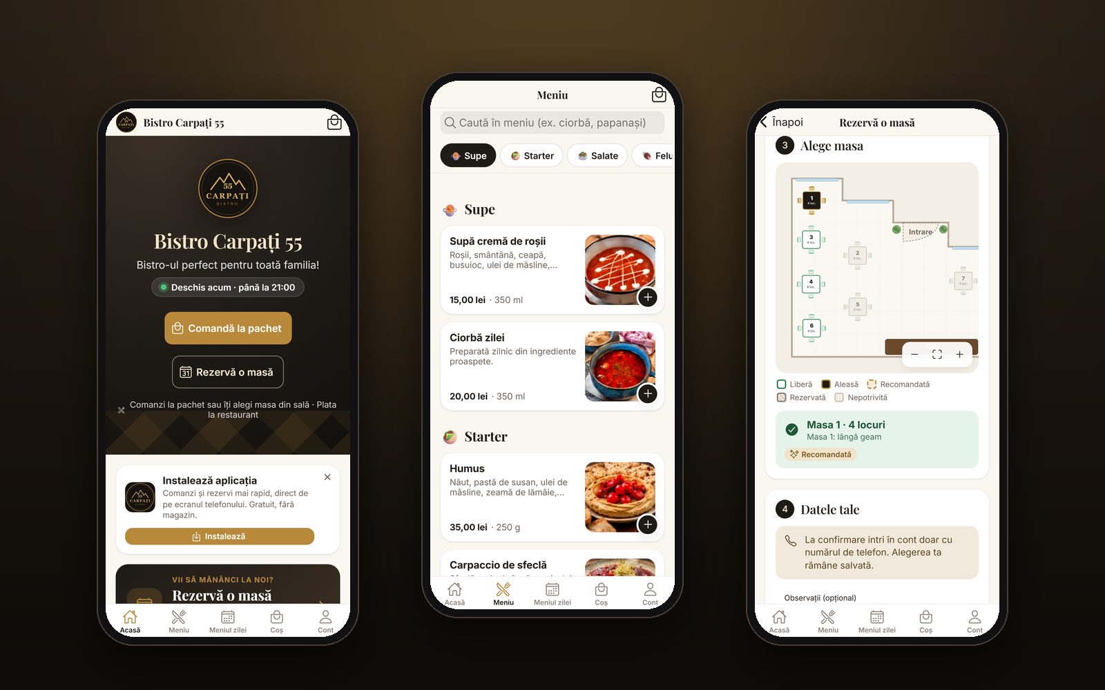 The restaurant app on a phone: home, menu and table selection on the floor plan